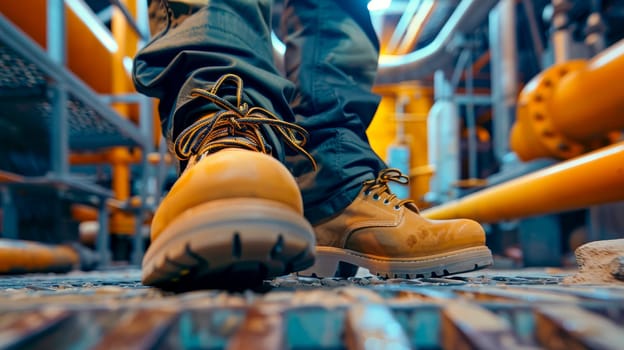Close up feet wearing work shoes, which are safety shoes with steel inside to prevent injuries. Selective focus. AI generated