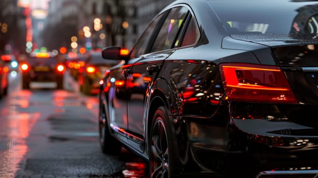Close-up of the taillight of a black car. Blurred traffic jam and brake lights on the evening street, back view. AI generated