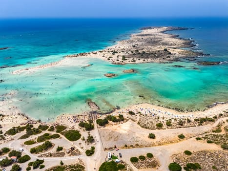 Aerial view of Elafonisi beach in the municipality of Kissamos in the region of Chania, Crete, Greece