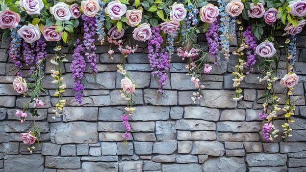 Stone wall with purple,pink and blue flowers hanging down. AI generated