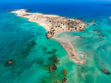 Aerial view of Elafonisi beach in the municipality of Kissamos in the region of Chania, Crete, Greece