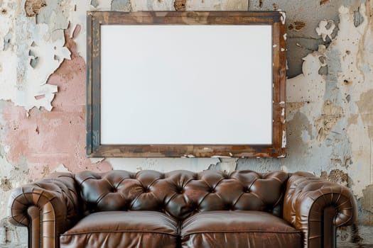 An abandoned room with old leather couch and blank picture frame. AI generated