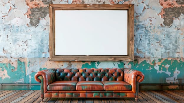An abandoned room with old leather couch and blank picture frame hanging on wall with peeled of paint. AI generated