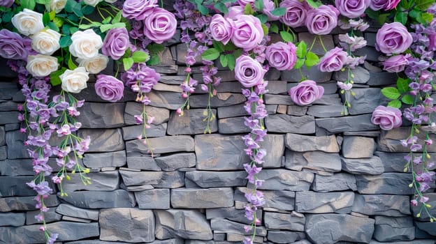 Stone wall with purple flowers hanging down. Copy space. AI generated