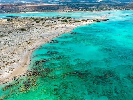 Aerial view of Elafonisi beach in the municipality of Kissamos in the region of Chania, Crete, Greece