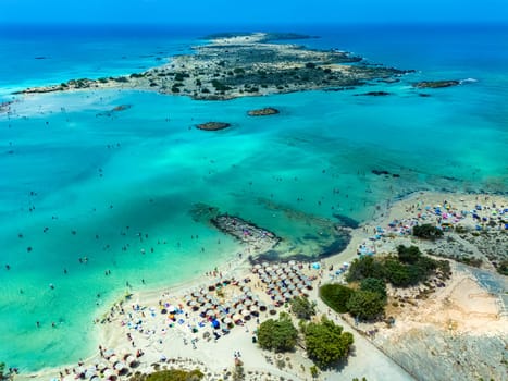 Aerial view of Elafonisi beach in the municipality of Kissamos in the region of Chania, Crete, Greece