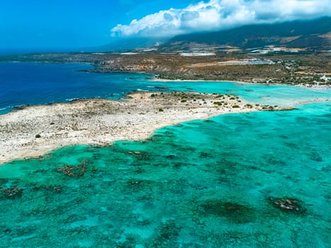 Aerial view of Elafonisi beach in the municipality of Kissamos in the region of Chania, Crete, Greece