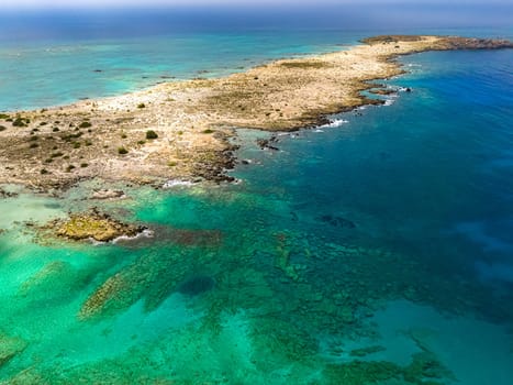 Aerial view of Elafonisi beach in the municipality of Kissamos in the region of Chania, Crete, Greece
