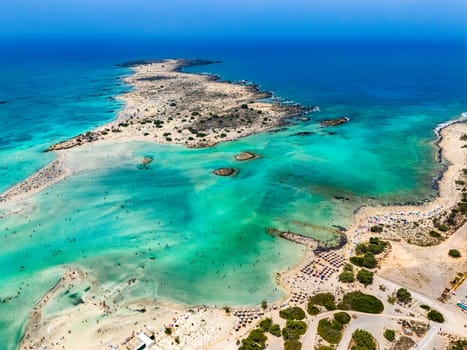 Aerial view of Elafonisi beach in the municipality of Kissamos in the region of Chania, Crete, Greece