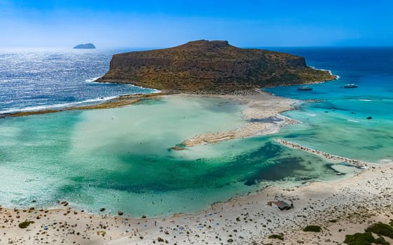 Aerial view of Balos Lagoon in the municipality of Kissamos in the region of Chania, Crete, Greece