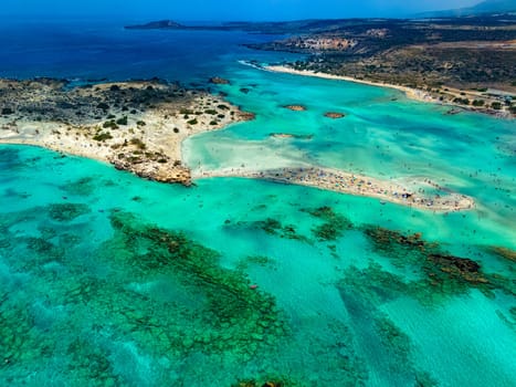 Aerial view of Elafonisi beach in the municipality of Kissamos in the region of Chania, Crete, Greece