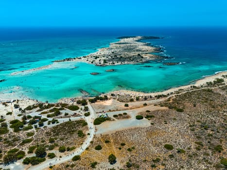 Aerial view of Elafonisi beach in the municipality of Kissamos in the region of Chania, Crete, Greece