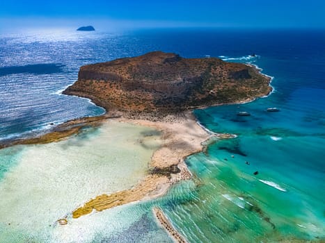 Aerial view of Balos Lagoon in the municipality of Kissamos in the region of Chania, Crete, Greece