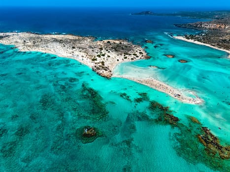 Aerial view of Elafonisi beach in the municipality of Kissamos in the region of Chania, Crete, Greece