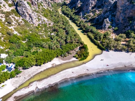 Aerial view of Preveli Beach in the municipality of Agios Vasilios in the region of Rethymno, Crete, Greece