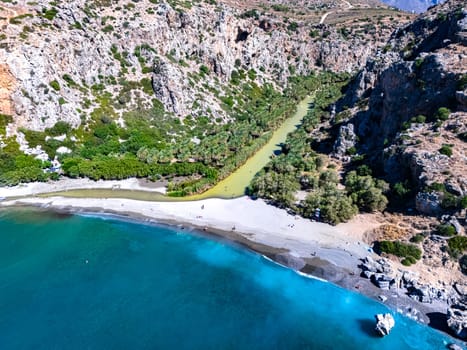 Aerial view of Preveli Beach in the municipality of Agios Vasilios in the region of Rethymno, Crete, Greece