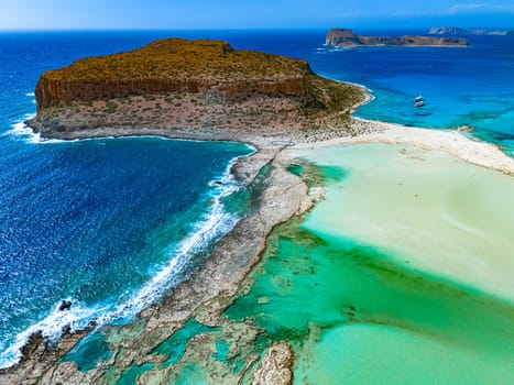 Aerial view of Balos Lagoon in the municipality of Kissamos in the region of Chania, Crete, Greece
