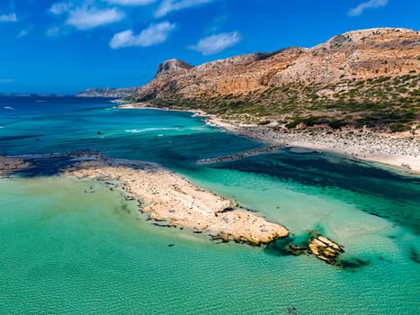 Aerial view of Balos Lagoon in the municipality of Kissamos in the region of Chania, Crete, Greece