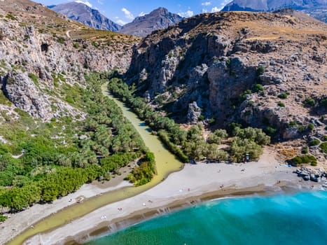 Aerial view of Preveli Beach in the municipality of Agios Vasilios in the region of Rethymno, Crete, Greece