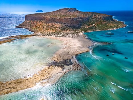 Aerial view of Balos Lagoon in the municipality of Kissamos in the region of Chania, Crete, Greece