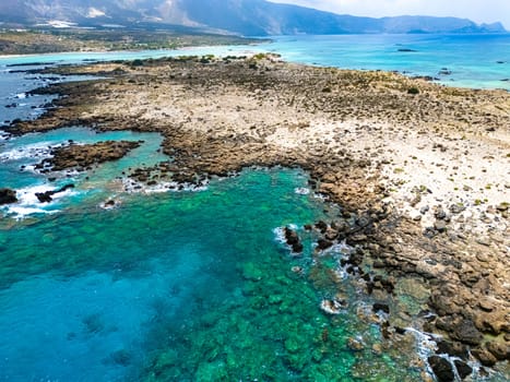 Aerial view of Elafonisi beach in the municipality of Kissamos in the region of Chania, Crete, Greece