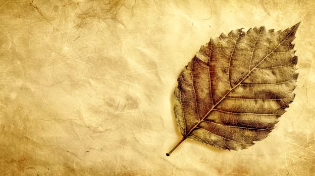Delicate dried leaf on textured parchment background, evoking nostalgia and history with intricate details and warm hues. Perfect for creative projects with ample copy space