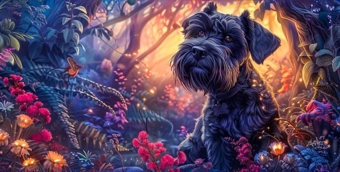 Black miniature schnauzer dog with a curious expression is sitting in a magical forest, surrounded by glowing plants and flowers