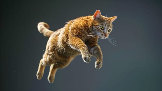 Ginger tabby cat leaps gracefully through the air, showing energy and curiosity. Perfect for animal lovers seeking playful pet images