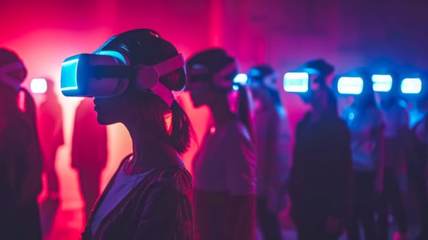 People wearing virtual reality headsets in a dark room lit with colorful led lights. They are experiencing augmented reality entertainment