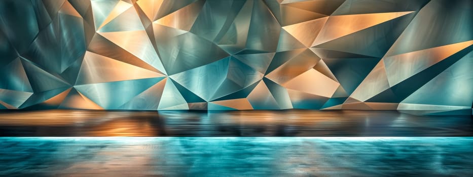 Empty room with a futuristic glowing geometric wall pattern made of triangles, perfect for product presentations or backgrounds