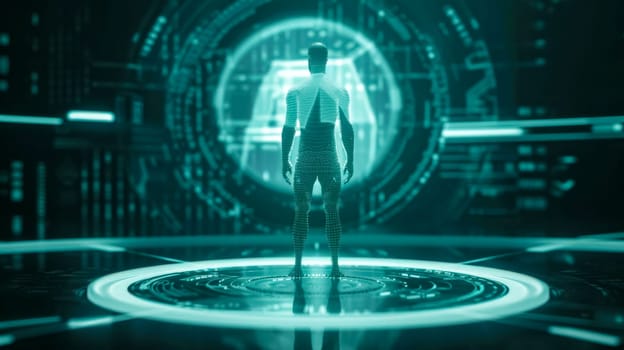 Wireframe human model standing in a futuristic environment with glowing lines and circles, suggesting a digital interface or simulation