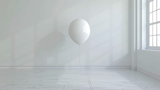 White balloon is floating in the middle of a white room with sunlight shining through the window, creating a serene and minimalist atmosphere