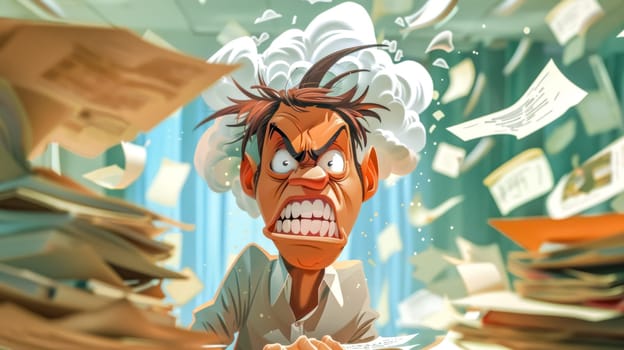 Stressed office worker screams in frustration at desk, surrounded by flying papers, capturing pressure and burnout in workplace. Shows anger, anxiety, exhaustion from heavy workload and deadlines