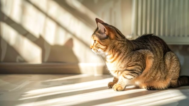 Striped domestic shorthair cat basking in sunbeams, enjoying the warmth of a sunny day. The sunlight creates a pattern of light and shadow on the floor