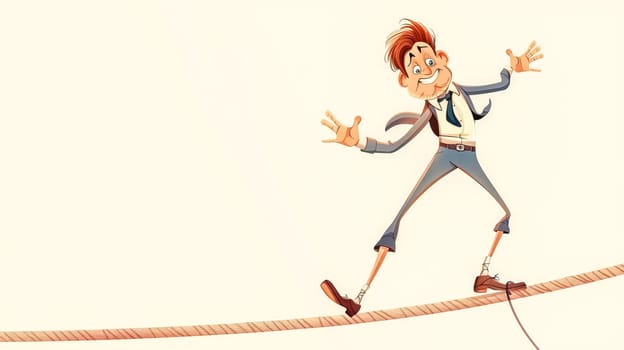 Confident businessman skillfully balances on tightrope, focused on success with courage and determination