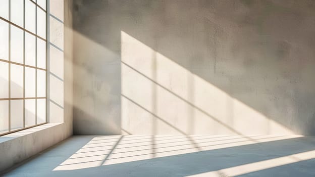 Light and shadows are illuminating an empty room with a concrete floor and white walls, giving an industrial and minimalist feel