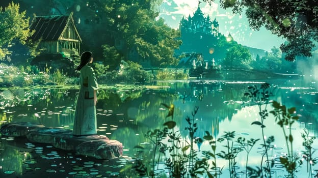 Young woman wearing traditional clothing is standing on a rock, contemplating a lake reflecting a magical castle and lush vegetation