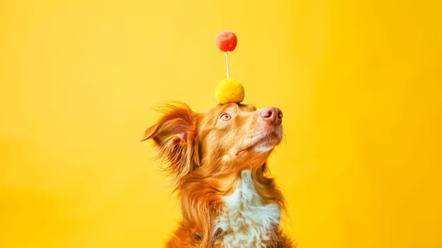 Cute dog balancing pom poms on head against yellow background, looking happy and attentive. Trained and playful, brings humor and joy to studio setting. Plenty of copy space available
