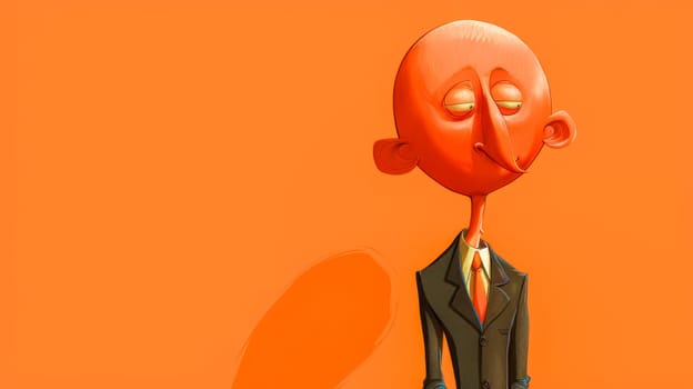 Red-faced businessman in a suit and tie stands on an orange background, offering ample copy space. Perfect for business, finance, and leadership themes