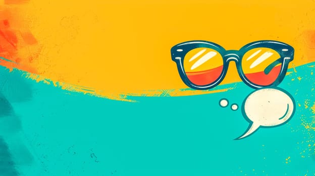 Stylish sunglasses on vibrant background with thought bubble, perfect for summer vibes. Sunny, cheerful, retro feel. Ideal for daydreaming