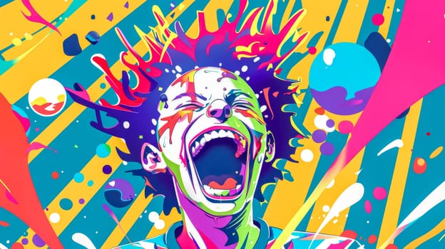 Colorful illustration of a young adult screaming with joy, surrounded by abstract shapes and vibrant colors, conveying a feeling of excitement and energy