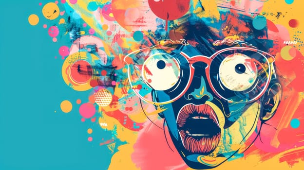 Colorful illustration of a surprised woman wearing glasses with a shocked face expression. The image is in a pop art style and perfect for projects related to surprise, shock, and amazement