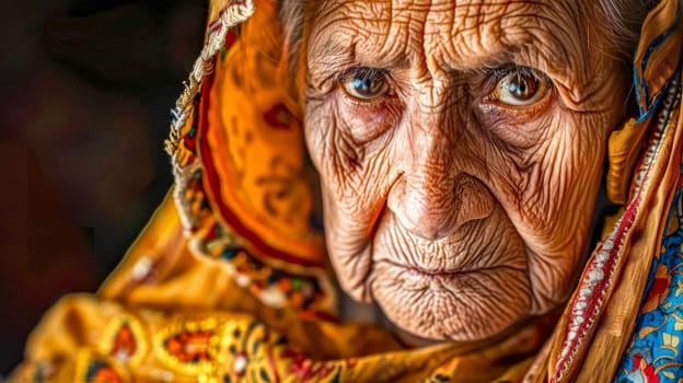 Thoughtful senior indian woman gazes into the camera, her face etched with wrinkles. Adorned in a vibrant headscarf, she exudes wisdom and grace