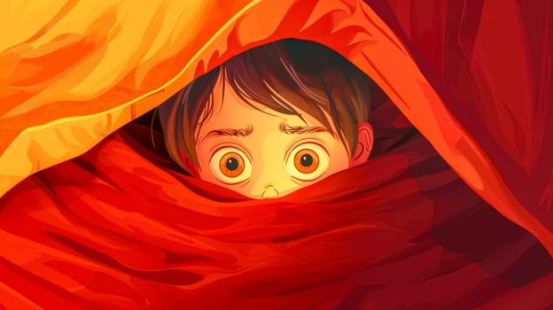 Scared child hides under a blanket in a dark bedroom, feeling worried and anxious, seeking comfort and safety at home