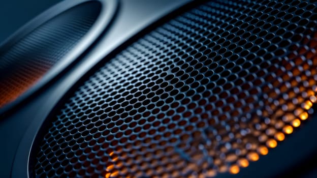 Mesmerizing close-up of a vibrating subwoofer cone with warm light, intricate patterns, and modern design. Perfect for music projects, showcasing technology beautifully