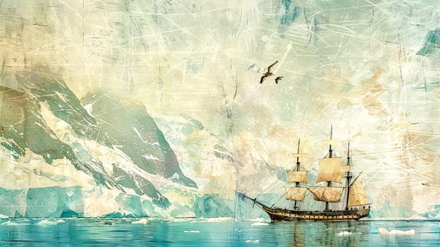 Vintage sailboat is sailing on blue water near a snowy mountain and glacier with seagulls flying overhead. The image has a vintage, distressed look