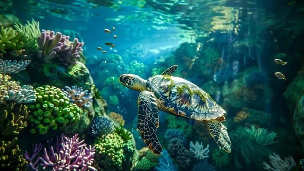 Sea turtle swimming through a colorful and thriving coral reef, illuminated by sunlight filtering through the ocean water