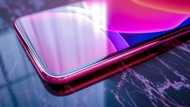 Close-up view of a modern smartphone with a sleek pink frame, showcasing a vibrant and colorful display reflecting on a surface