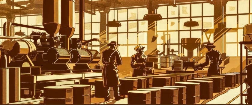 Three factory workers are supervising a production line of goods packed in metal barrels, with a large industrial machine working in the background