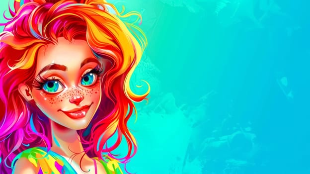 Illustration of a young woman with colorful hair and freckles, smiling on a vibrant turquoise background with copy space